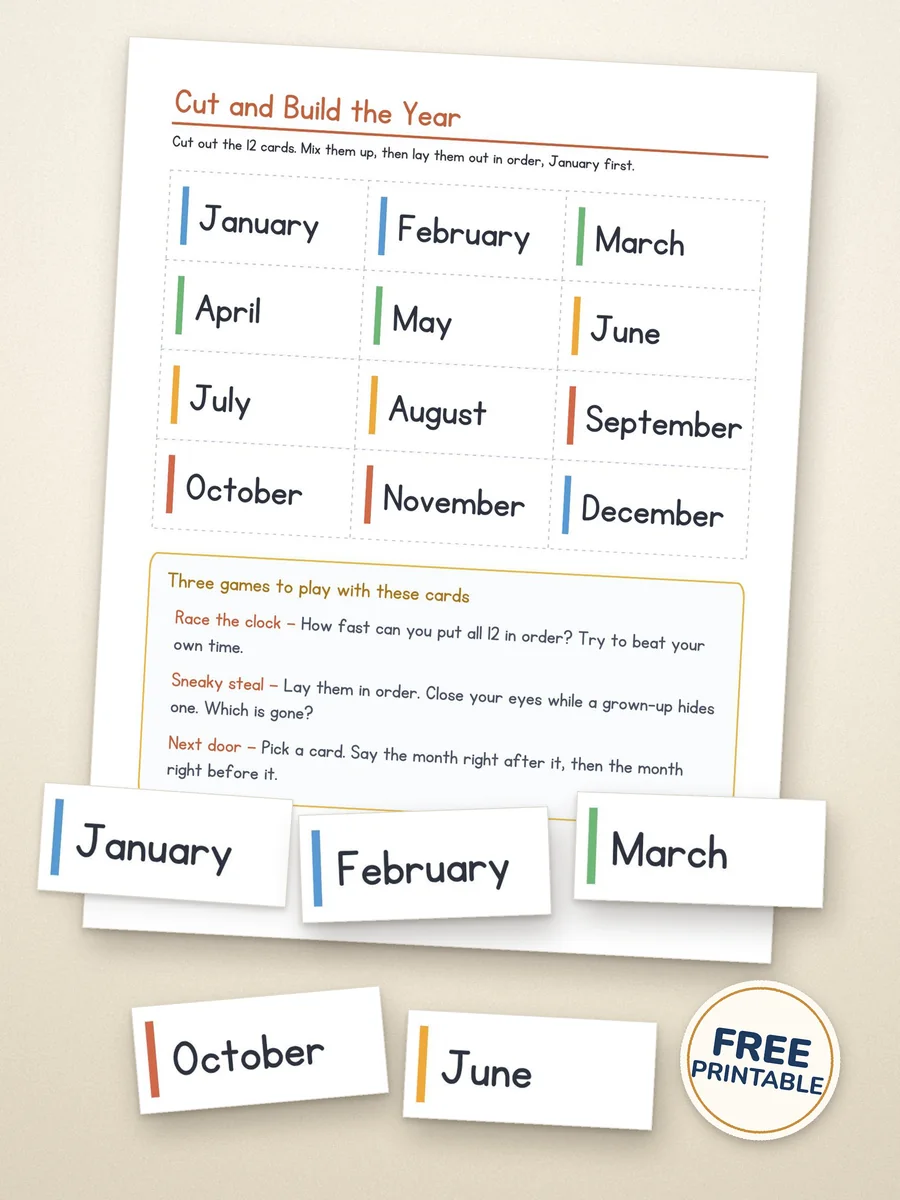 Cut and Build the Year printable with twelve color-coded month cards; January, February and March cut out and laid in order